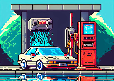 Automatic car washing, without people, 8 bit style, clear style