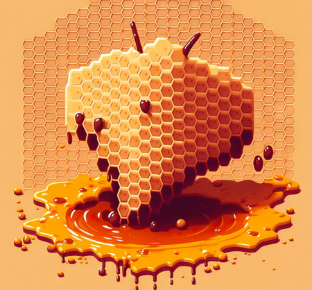 Honeycomb with sweet honey drips background , 8 bit style, clear styleの写真素材