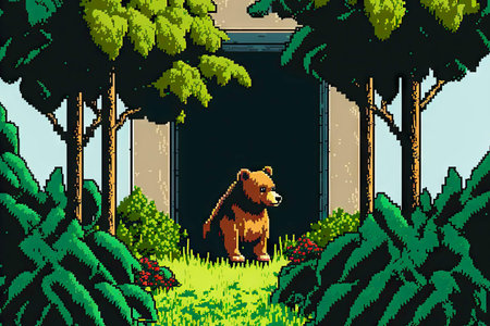 The bear looks out from behind the bushes, 8 bit style, clear style