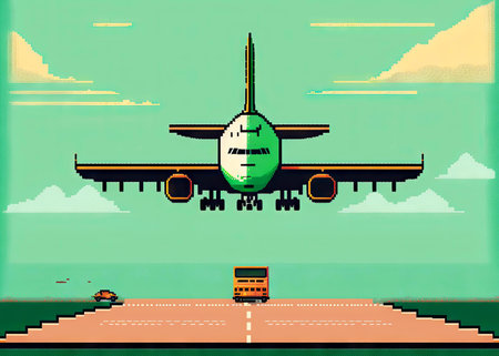 Passenger airplane landing to airport, 8 bit style, clear style