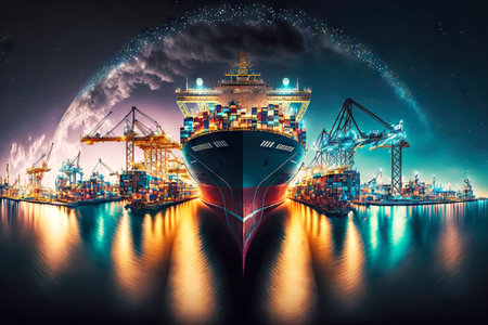 Loaded cargo ship arrived at port late at night and stands at pierの写真素材