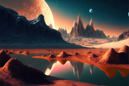 Alien planet surface with rocks, lake lights and planetary in sky