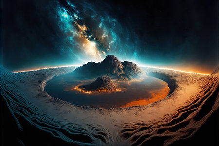 Star shine over alien planet with erupting volcano on the surface, fantasy worldの写真素材