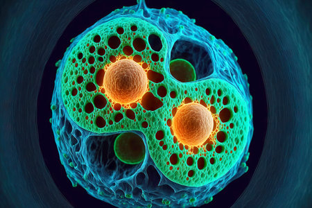 human cells under microscope affected by cancerous tumor, medical biological research