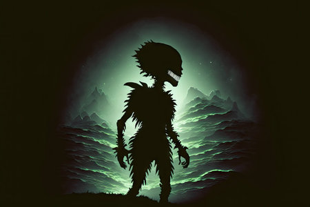 Spooky alien silhouette over rocky mountain background in outer space light