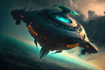 Alien UFO hovering in outer space, unknown flying object launch from planet surface