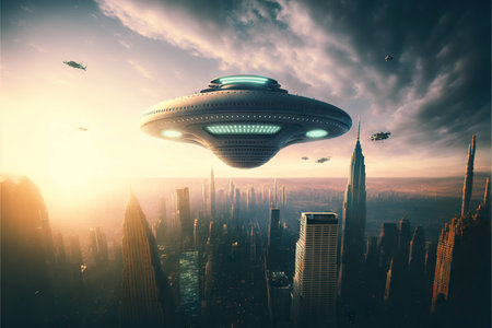 Aliens invade, unidentified flying object flying over city