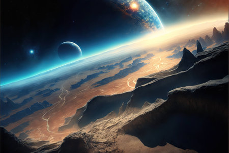 Rocky alien planet surface view from outer space