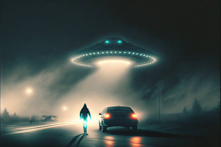 Extraterrestrial aliens spaceship fly above city road with man figure and carの写真素材