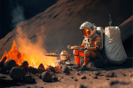 Astronaut in spacesuit making barbeque near campfire on Marsの写真素材