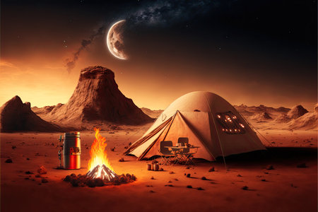 Tent and campfire on Mars with Earth planet in night skyの写真素材