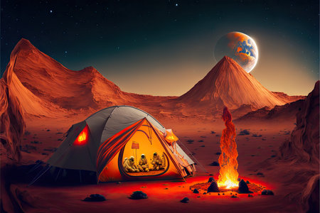 Tent and campfire on Mars with Earth planet in night skyの写真素材