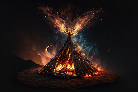 Fantasy bonfire flames, sparks and smoke swirling in wind at night