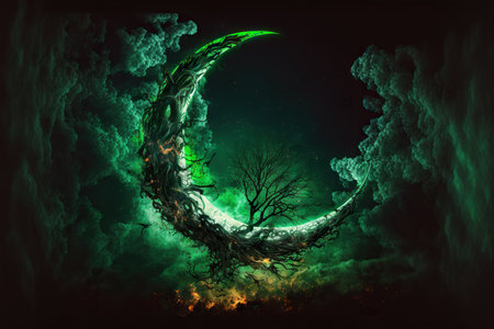 Mystical bonfire, green smoke and moon in night skyの写真素材