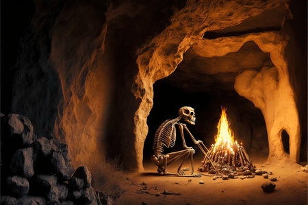 Bonfire and bones near stone age caveの写真素材