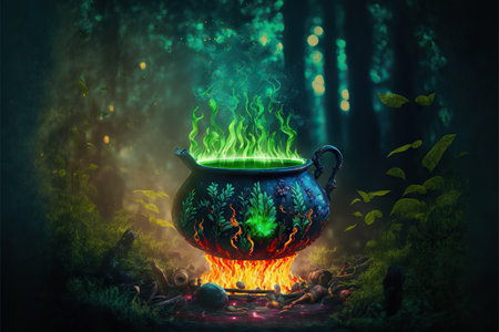 Green potion in magical cauldron on bonfire in fairy tale forestの写真素材