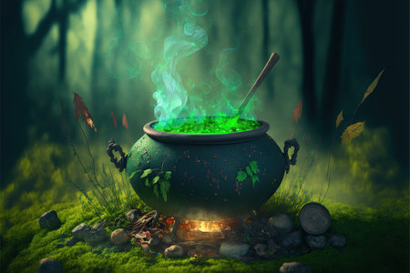Green potion in magical cauldron on bonfire in fairy tale forestの写真素材