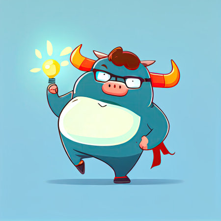 cute fat bull cartoon character came up with an idea, cartoon style, modern simple illustrationの写真素材
