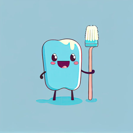 cute toothbrush cartoon character came up with an idea, cartoon style, modern simple illustrationの写真素材