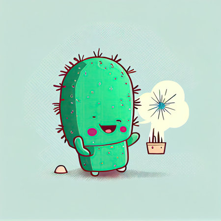 cute cactus cartoon character clapping firecrackers, cartoon style, modern simple illustrationの写真素材