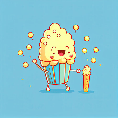cute popcorn cartoon character clapping firecrackers, cartoon style, modern simple illustration