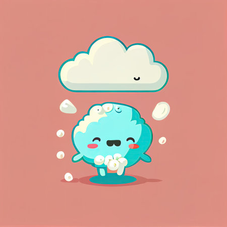 cute cloud cartoon character drinking pills, cartoon style, modern simple illustrationの写真素材