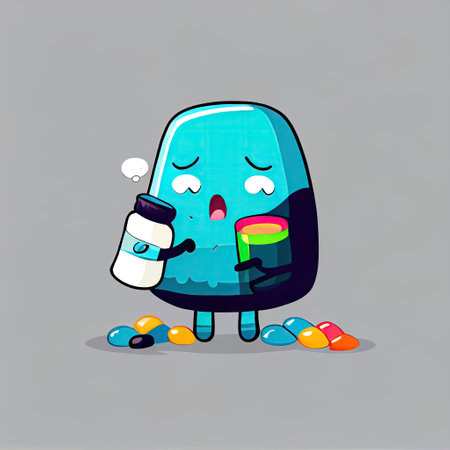 cute garbage bag cartoon character drinking pills, cartoon style, modern simple illustrationの写真素材