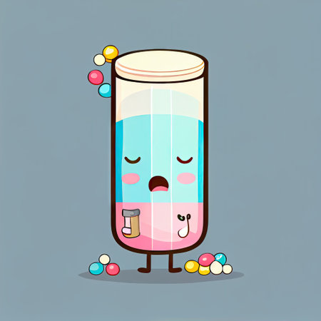 cute medical test tube cartoon character drinking pills, cartoon style, modern simple illustrationの写真素材