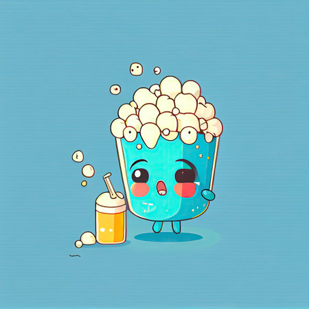 cute popcorn cartoon character drinking pills, cartoon style, modern simple illustrationの写真素材