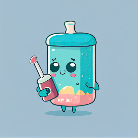 cute smoothie cartoon character drinking pills, cartoon style, modern simple illustrationの写真素材