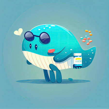 cute whale cartoon character drinking pills, cartoon style, modern simple illustrationの写真素材