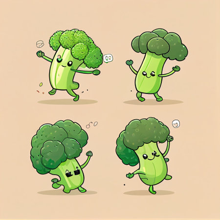 cute broccoli cartoon character dub dance poses, cartoon style, modern simple illustrationの写真素材