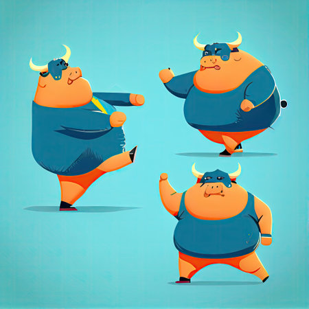 cute fat bull cartoon character dub dance poses, cartoon style, modern simple illustrationの写真素材