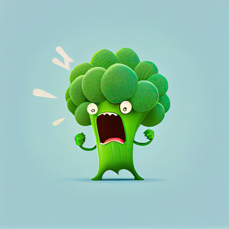 cute broccoli cartoon character gets angry and screams, cartoon style, modern simple illustrationの写真素材