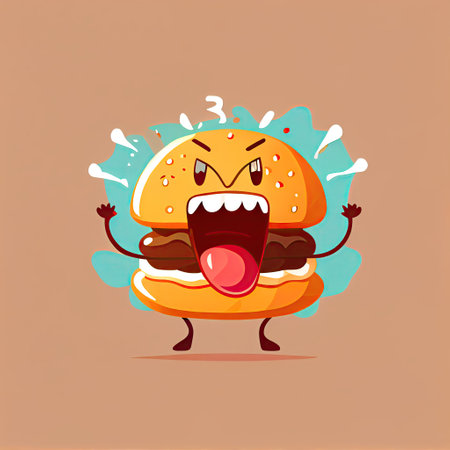 cute burger cartoon character gets angry and screams, cartoon style, modern simple illustrationの写真素材