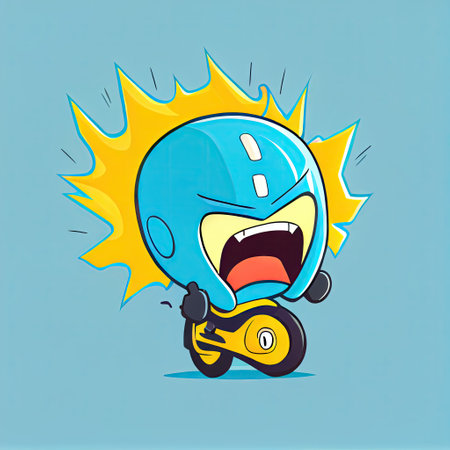 cute motorcycle helmet cartoon character gets angry and screams, cartoon style, modern simple...