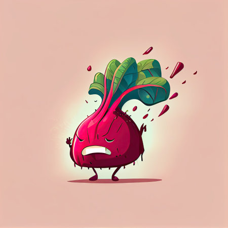 cute beetroot cartoon character gets angry and steam comes out of his ears, cartoon style, modern...