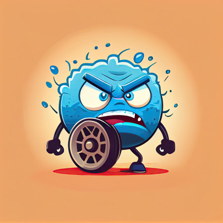cute car wheel cartoon character gets angry and steam comes out of his ears, cartoon style, modern simple illustrationの写真素材