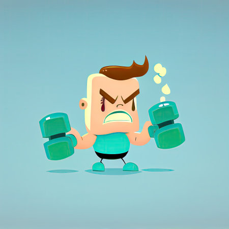 cute dumbbells cartoon character gets angry and steam comes out of his ears, cartoon style, modern simple illustrationの写真素材