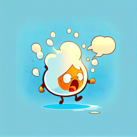 cute fried egg cartoon character gets angry and steam comes out of his ears, cartoon style, modern...
