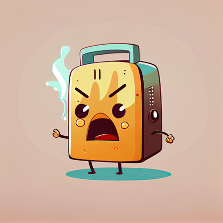 cute toaster cartoon character gets angry and steam comes out of his ears, cartoon style, modern...