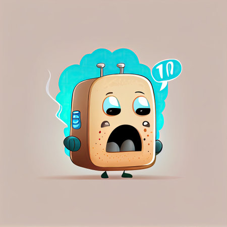 cute toaster cartoon character gets angry and steam comes out of his ears, cartoon style, modern simple illustrationの写真素材