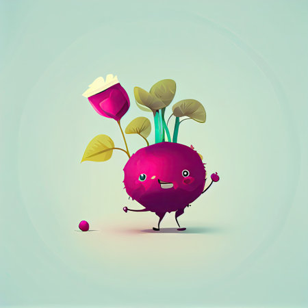 cute beetroot cartoon character gives flowers, cartoon style, modern simple illustration