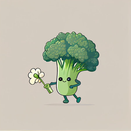 cute broccoli cartoon character gives flowers, cartoon style, modern simple illustrationの写真素材