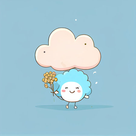 cute cloud cartoon character gives flowers, cartoon style, modern simple illustrationの写真素材