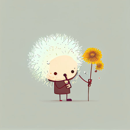 cute dandelion cartoon character gives flowers, cartoon style, modern simple illustrationの写真素材