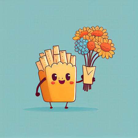 cute french fries cartoon character gives flowers, cartoon style, modern simple illustrationの写真素材