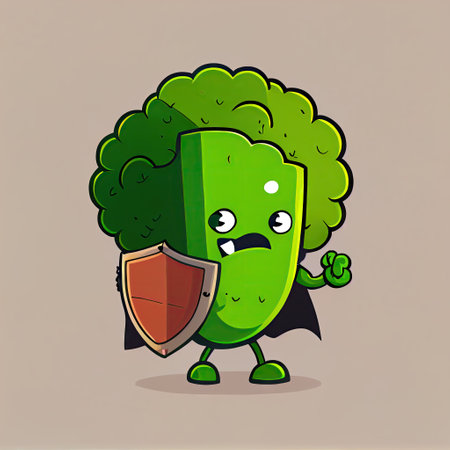 cute broccoli cartoon character holding a shield, cartoon style, modern simple illustrationの写真素材
