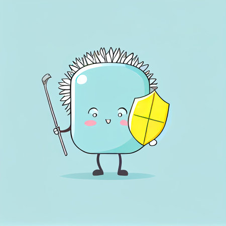 cute dandelion cartoon character holding a shield, cartoon style, modern simple illustrationの写真素材