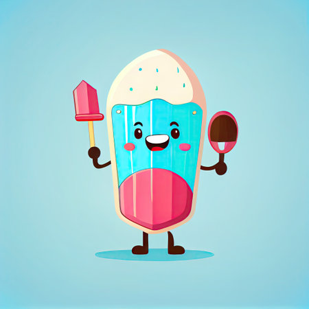 cute ice cream cartoon character holding a shield, cartoon style, modern simple illustrationの写真素材